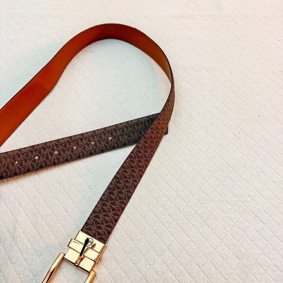 Michael Kors Printed Logo Brown Leather Belt Gold Buckle Size L